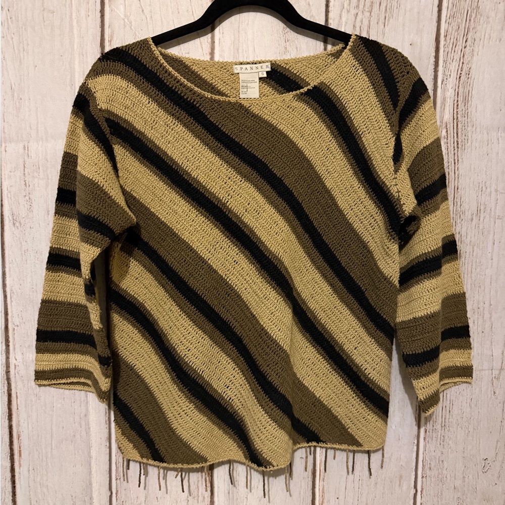 Spanner Vintage Linen Blend Diagonal Striped Crochet Knit
Sweater S